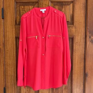 Calvin Klein Vibrant Red Button-Front Blouse with Zip Pockets